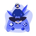 Vector illustration on the theme of computer games, play station. male character in headphones plays