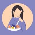 Vector illustration on the theme of diets, eating disorders. sad girl and a plate of salad