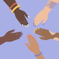 Vector illustration on the theme of female solidarity, feminism, body positive. the hands of women of different races