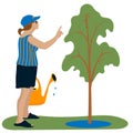 Vector illustration theme of gardening, the concept of caring for plants, watering communicating with seedling. A cartoon woman wi