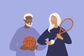 Vector illustration on the theme of happy active old age. an elderly man and an elderly woman with sports equipmen