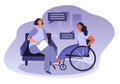 Vector illustration on the theme of helping people with limited mobility. woman psychologist talking to a woman in a wheelchair.