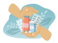 Vector illustration on the theme of medicines, cold season, vitamins. hands hold various tablets, pills, tubes and jars