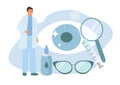 Vector illustration on the theme of ophthalmology - doctor, big eye, eyes drops and glasses.