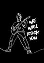 Vector illustration on the theme of rock music. Slogan: we will rock you. Vintage design. Continuous man playing electric guitar. Royalty Free Stock Photo