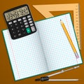 Vector illustration on the theme of school. Notebook, pencil, calculator, ruler and compass laid on the table. Royalty Free Stock Photo