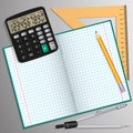 Vector illustration on the theme of school. Notebook, pencil, calculator, ruler and compass laid on the table. Royalty Free Stock Photo