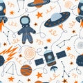 Vector illustration on the theme of space travel and adventure. Hand drawing seamless doodle pattern