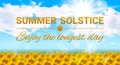 Vector illustration on the theme of the summer solstice. Sunny realistic summer landscape with a field of sunflowers.