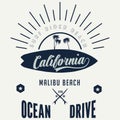 Vector illustration on the theme of surf and surfing in Californiai, Malibu Beach. Vintage design. Grunge background. Typography, Royalty Free Stock Photo