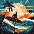 Vector illustration on the theme of surf and surfing in Hawaii. Grunge background. Typograph