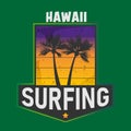 Vector illustration on the theme of surf and surfing in Hawaii. Grunge background. Typography, t-shirt graphics, print