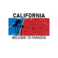 Vector illustration on the theme of surfing in California. Slogan: California Welome to Paradise. Grunge background