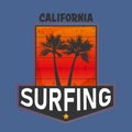 Vector illustration on the theme of surfing in California. west coast, print, vintage illustration, emblem, vector, palm