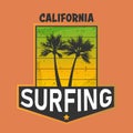 Vector illustration on the theme of surfing and surf rider in California, Venice beach. Stamp typography, t-shirt