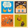 Vector illustration on the theme of the village with animals, cat, chicken, bees on bicycle, bird feeder, house, text I love the