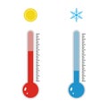 Thermometer icon. Blue and red flat thermometer indicators. Meteorology thermometers measuring heat and cold Royalty Free Stock Photo