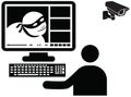 Vector illustration of thief caught on camera surveillance and w