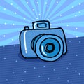 Vector illustration of thin black outline digital camera isolated on bright blue bakcground. doodle camera for kids, sticker, clip