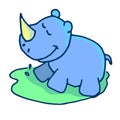 Vector illustration of thin blue outline cute rhino cartoon isolated on white background. Royalty Free Stock Photo