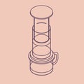 Vector illustration thin line sketch with 3D coffee aeropress. Coffee maker in isometric flat style