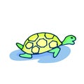 Vector illustration of thin outline turtle on the water isolated on white background.