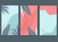 Vector illustration - three backgrounds for instagram stories, advertising flyers, greeting cards with tropical leaves and dots in