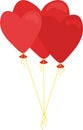 Vector illustration of three balloon hearts on a golden string. Red flying helium heart balloons. Royalty Free Stock Photo