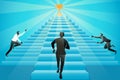 Vector illustration of three businessman running up stairs to success