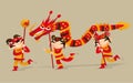 Three Chinese kids playing dragon dance to celebrate the Chinese New Year coming