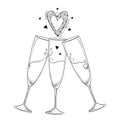 Vector illustration with three contour toasting champagne glass and ornate heart in black isolated on white background.