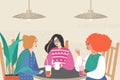 Vector illustration with three cute girls siting in a cafe Royalty Free Stock Photo