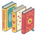 Vector illustration of three decorative books with floral, heart, and star patterns. Perfect for education, reading, and creative Royalty Free Stock Photo