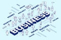 Vector illustration of three dimensional word business with people and tags on blue background with scheme.