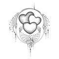 Vector illustration with three dotted heart and ornate lace in black isolated on white background. Dotwork design elements.