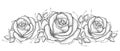 Vector illustration with three dotted rose flower and leaves in black on white background. Floral elements with open rose