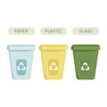 Vector illustration of three dumpsters trash cans of blue yellow and green colors with recycling symbol