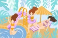 Vector illustration three girls in bikinis are resting and sunbathing on the beach. They jump into the pool, sunbathe on a sun Royalty Free Stock Photo