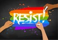 Vector illustration of three hands writing Resist slogan