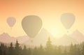 Vector illustration of three hot air balloons in forest and mountain peaks, under an orange sky with rising sun Royalty Free Stock Photo