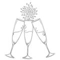 Vector illustration with three outline toasting champagne glasses or flute in black on white background. Royalty Free Stock Photo