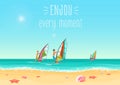 Vector illustration of three people windsurfing in the sea with enjoy every moment words.