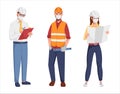 Vector illustration of three people workers, engineers, architects or builders. Full-length men and women in helmet and