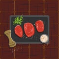 Vector Illustration of three raw rib eye steak with paper and rosemary on black hotplate in top view concept can used for banner,