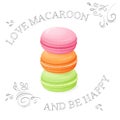 Vector illustration of three realistic sweet macaroon - with hand drawn curly leaves and branches