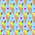 Three scooped ice cream cones with chocolate bar and polka dots on light blue background repeat pattern