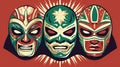 Vector illustration of three stylized Mexican Lucha Libre wrestling masks on a red background. Generative AI