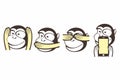 Three wise monkeys vector character illustration. See no evil, hear no evil, speak no evil  and mobile lover Royalty Free Stock Photo