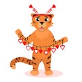 Vector illustration of a tiger with a garland with hearts in his hands. The theme of love and celebration of Valentine`s day. I Royalty Free Stock Photo
