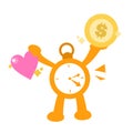Vector illustration time clock pick love heart pink and money gold coin dollar economy flat design cartoon style Royalty Free Stock Photo